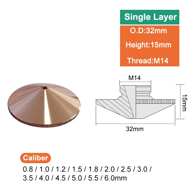 Diâmetro da cabeça de corte a laser de fibra 32 mm mais máquina de solda CNC Bico de camada única e dupla Diâmetro 0,8-6,0 Rosca 14 mm